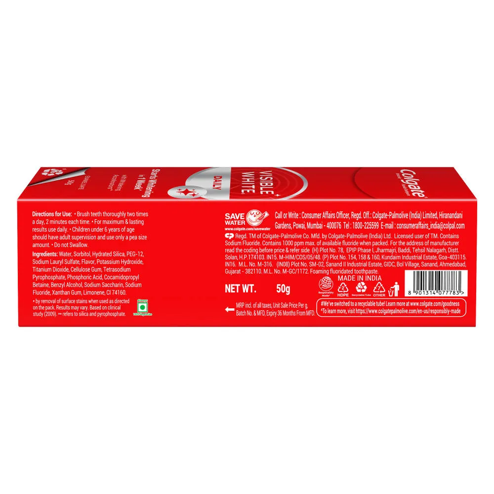 Colgate Visible White Toothpaste Teeth Whitening Starts in 1 week Safe on Enamel, Stain Removal