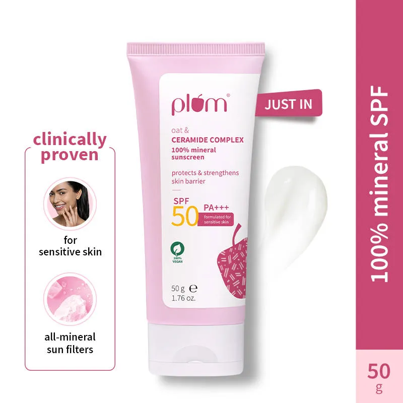 Plum Ceramide & Oat Mineral Sunscreen SPF 50 PA+++ Protects Skin Barrier, For Dry ToNormalSkin