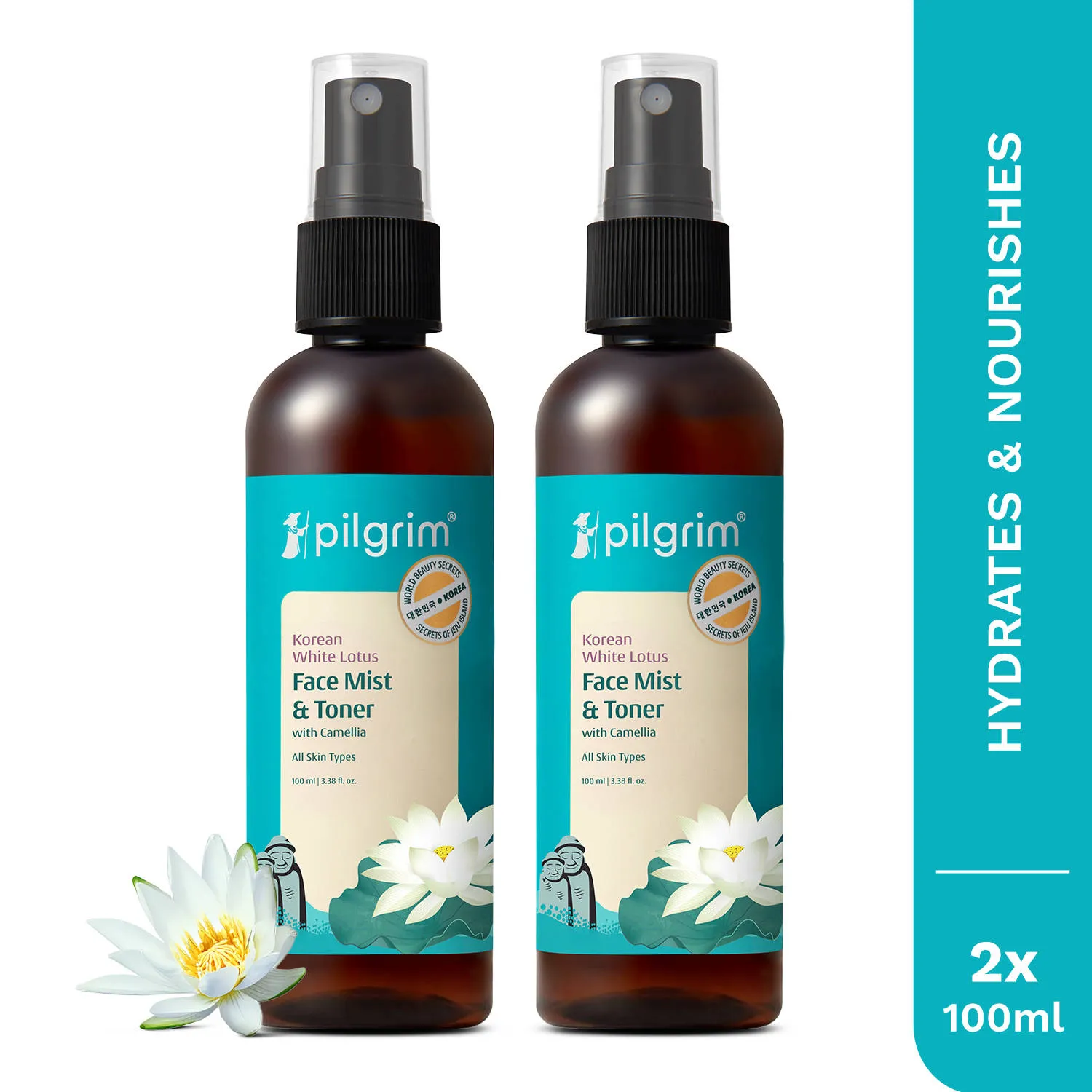 Pilgrim Korean White Lotus Face Mist Toner Camellia Hydrates, Refreshes & Tightens Pores- Pack of 2