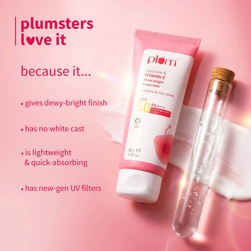 Plum Squalane & Vitamin E Dewy-Bright SPF 50 PA+++ Sunscreen For Normal To Dry Skin Type, New UV Filters