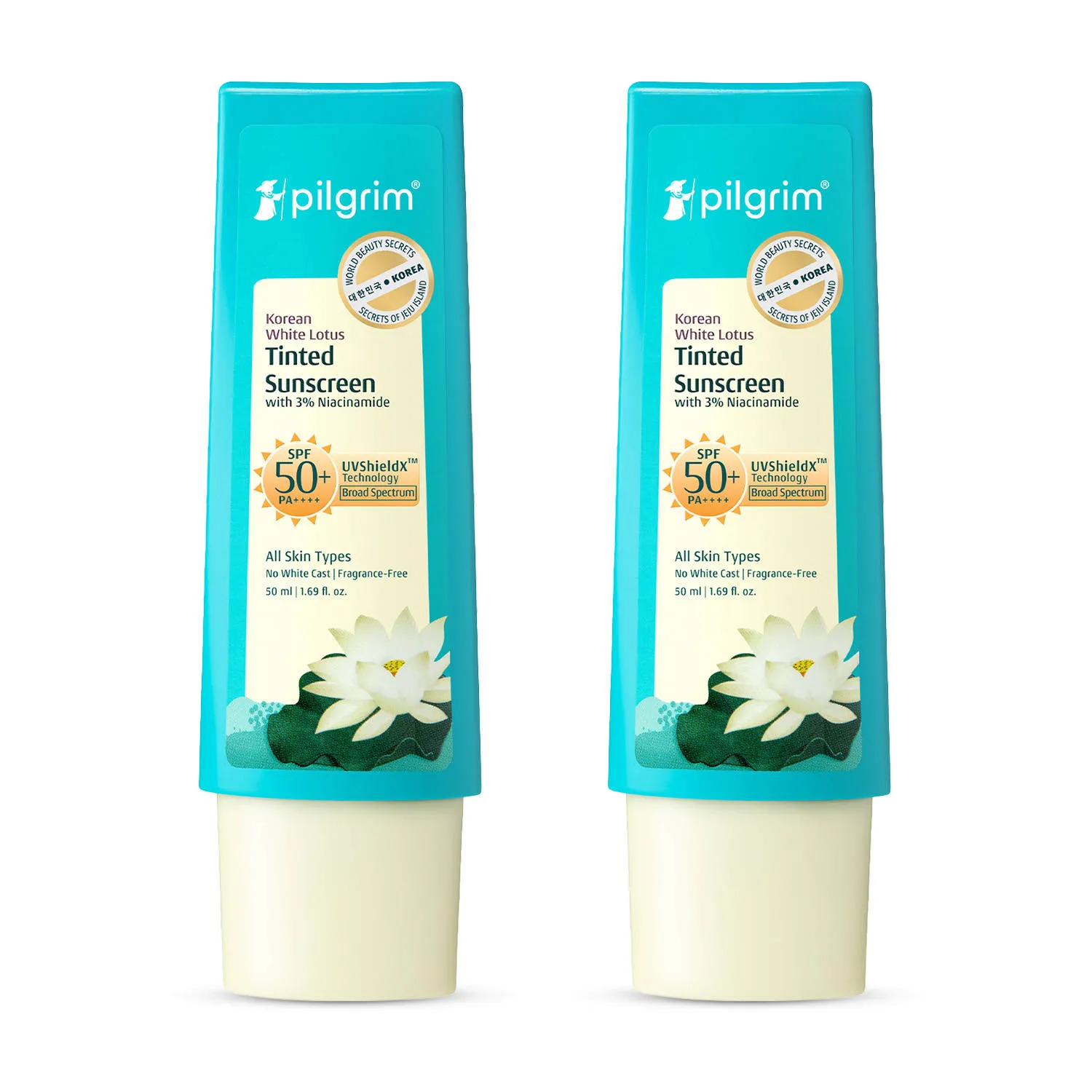 Pilgrim Korean White Lotus Tinted Sunscreen SPF 50+ PA++++ With 3% Niacinamide - Pack of 2