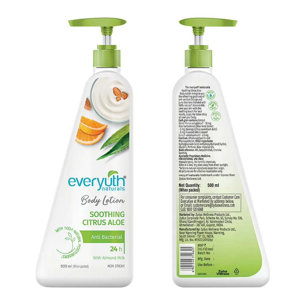 Everyuth Naturals Body Lotion - Soothing Citrus Aloe with Almond Milk, Anti-Bacterial, Non Sticky