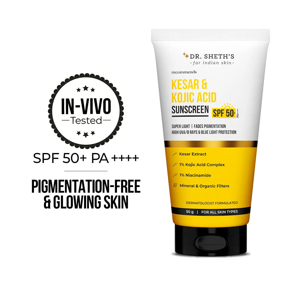 Dr. Sheth's Kesar & Kojic Sunscreen SPF 50+ PA++++ In-Vivo Tested for Pigmentation-Free Skin(50g)
