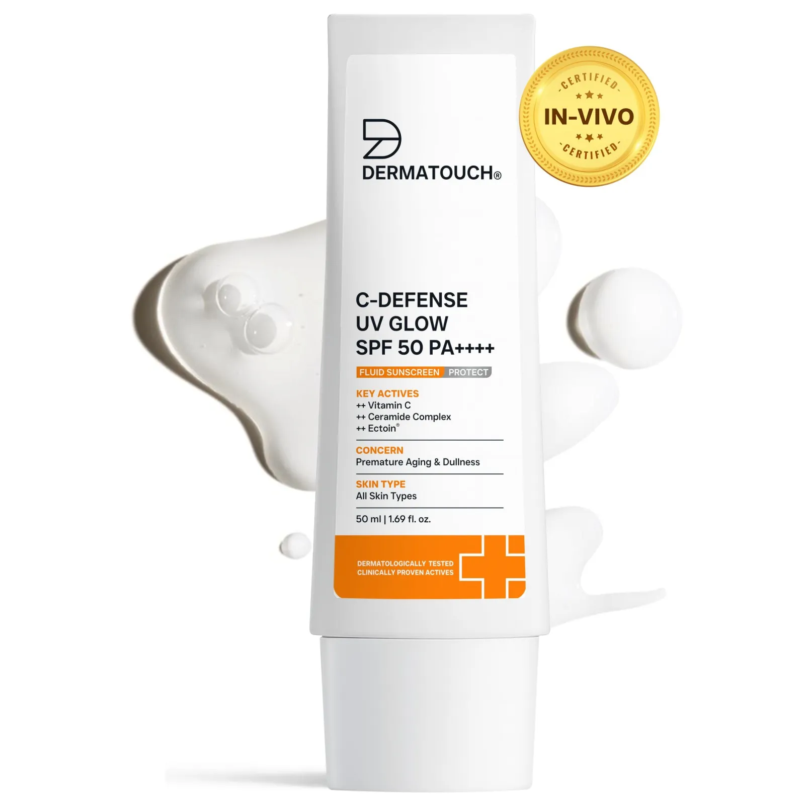 Dermatouch C-Defense UV Glow SPF 50 PA++++ Fluid Sunscreen for Premature Aging & Sunburn (In-Vivo & In-Vitro Tested)