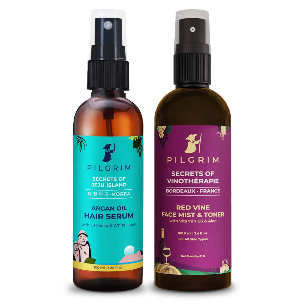 Pilgrim Face Toner & Hair Styling Serum Combo Red Vine Face Mist & Toner + Argan Oil Hair Serum