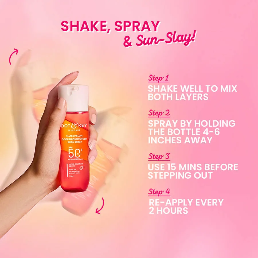 Dot & Key Watermelon Cooling Sunscreen Body Spray In-Vivo Tested SPF 50+ PA+++, Easy Re-application