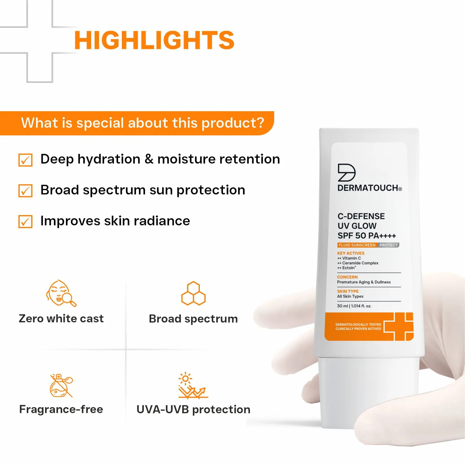 Dermatouch C-Defense UV Glow SPF 50 PA++++ Fluid Sunscreen for Premature Aging & Sunburn (In-Vivo & In-Vitro Tested)