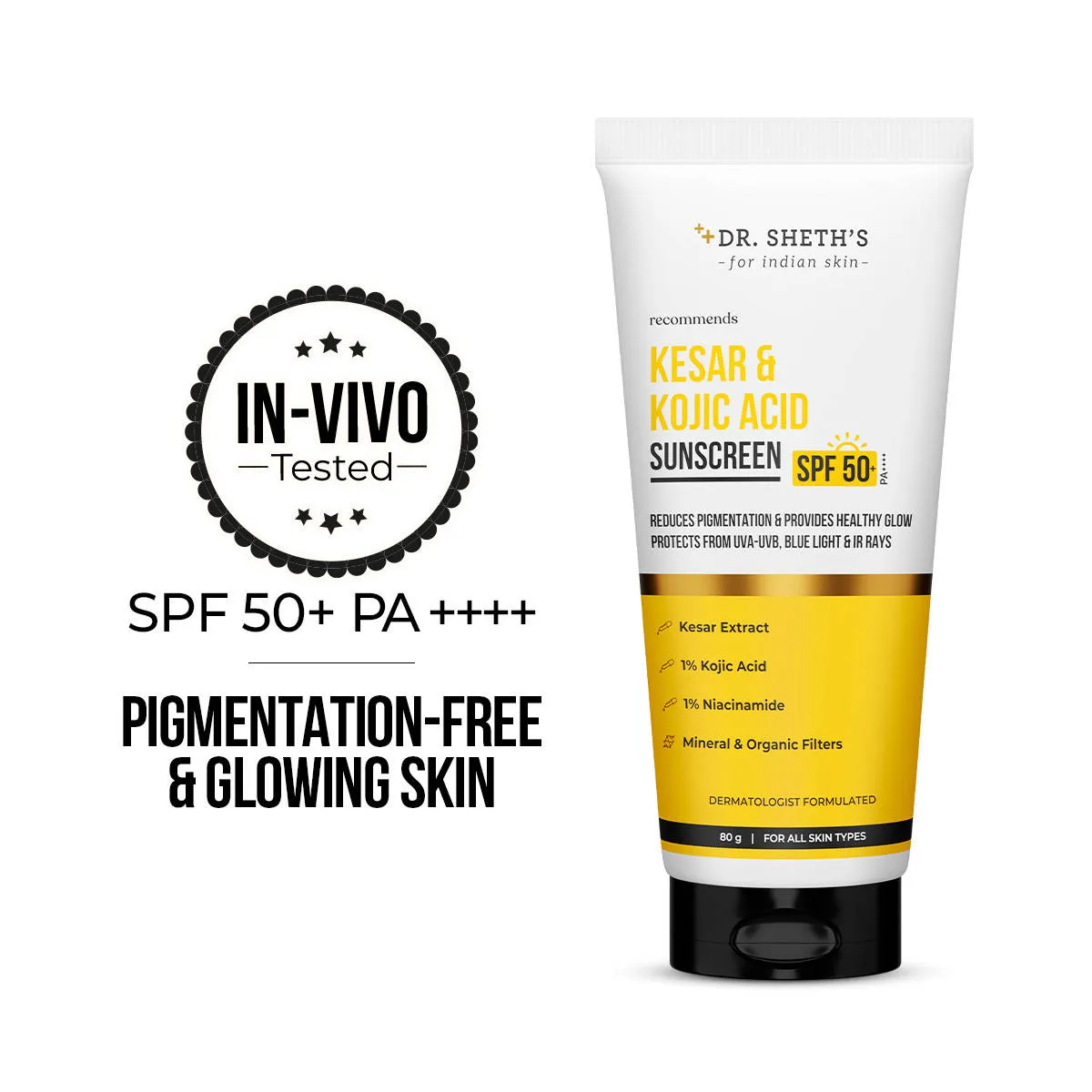 Dr. Sheth's Kesar & Kojic Sunscreen SPF 50+ PA++++ In-Vivo Tested for Pigmentation-Free Skin(50g)