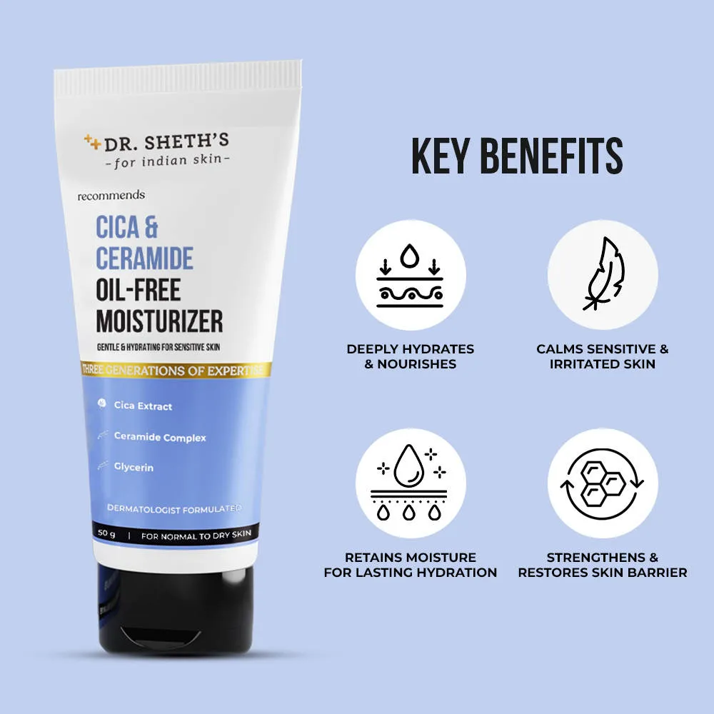 Dr. Sheth's Cica & Ceramide Oil-Free Moisturizer, 5% Glycerin, For Normal, Dry & Sensitive Skin