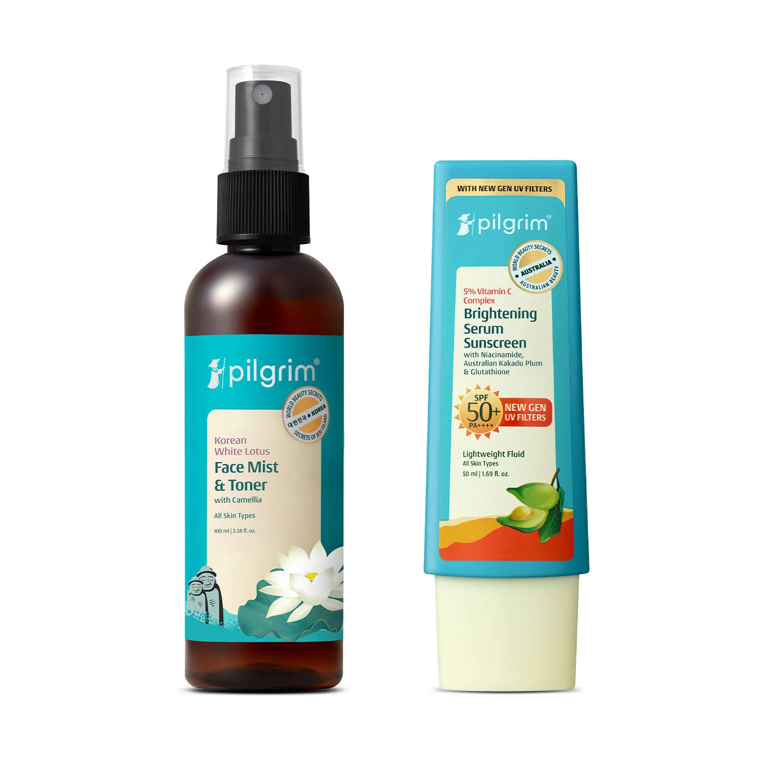 Pilgrim Korean White Lotus Toner and Vitamin C SPF 50+ PA++++ Sunscreen Skin Protection Duo