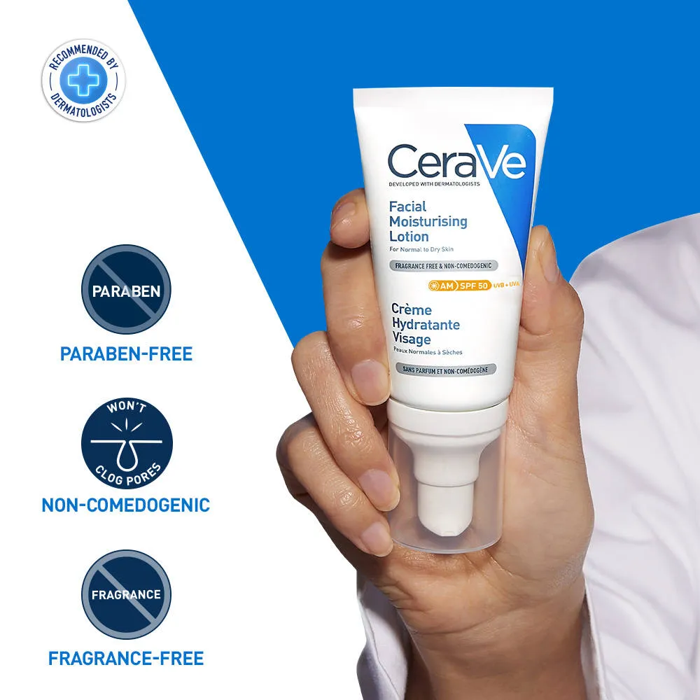 CeraVe AM Facial Moisturizing Lotion With Sunscreen SPF 50 UVB + UVA, Dermatologist