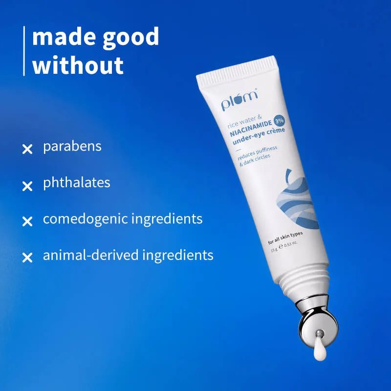 Plum Rice Water & Niacinamide 3% Under-Eye Crème, with Peptides Ceramides & Caffeine