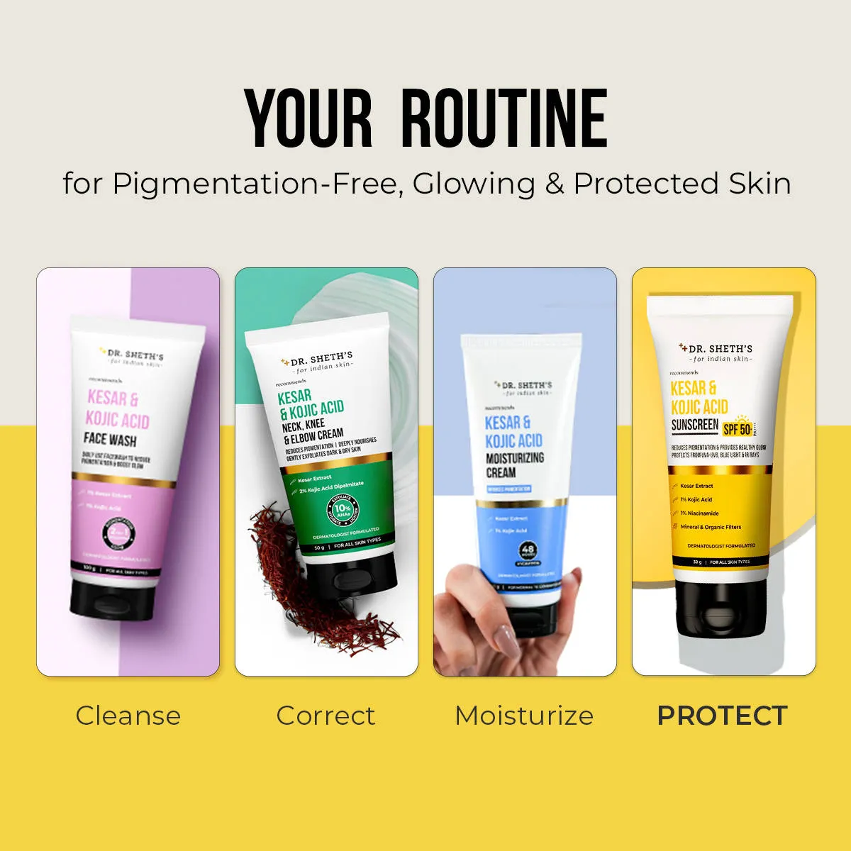 Dr. Sheth's Kesar & Kojic Sunscreen SPF 50+ PA++++ In-Vivo Tested for Pigmentation-Free Skin(50g)