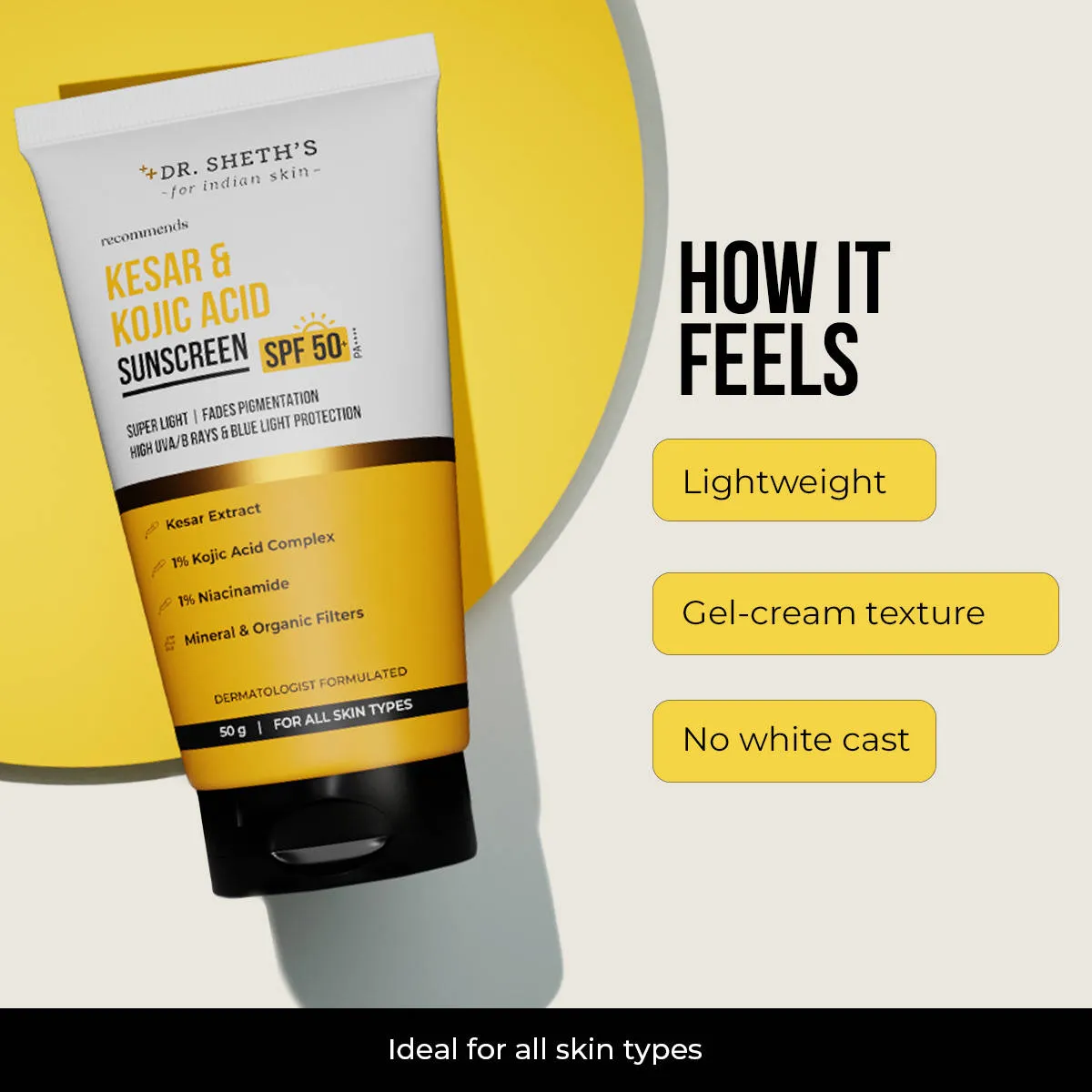 Dr. Sheth's Kesar & Kojic Sunscreen SPF 50+ PA++++ In-Vivo Tested for Pigmentation-Free Skin(50g)