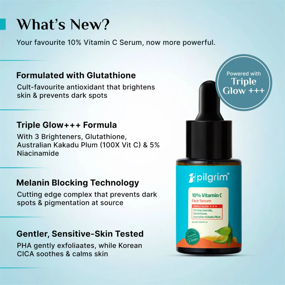 Pilgrim 10% Vitamin C Face Serum Triple Glow+++ with 5%Niacinamide Brightens All Skin Type Pack of 3