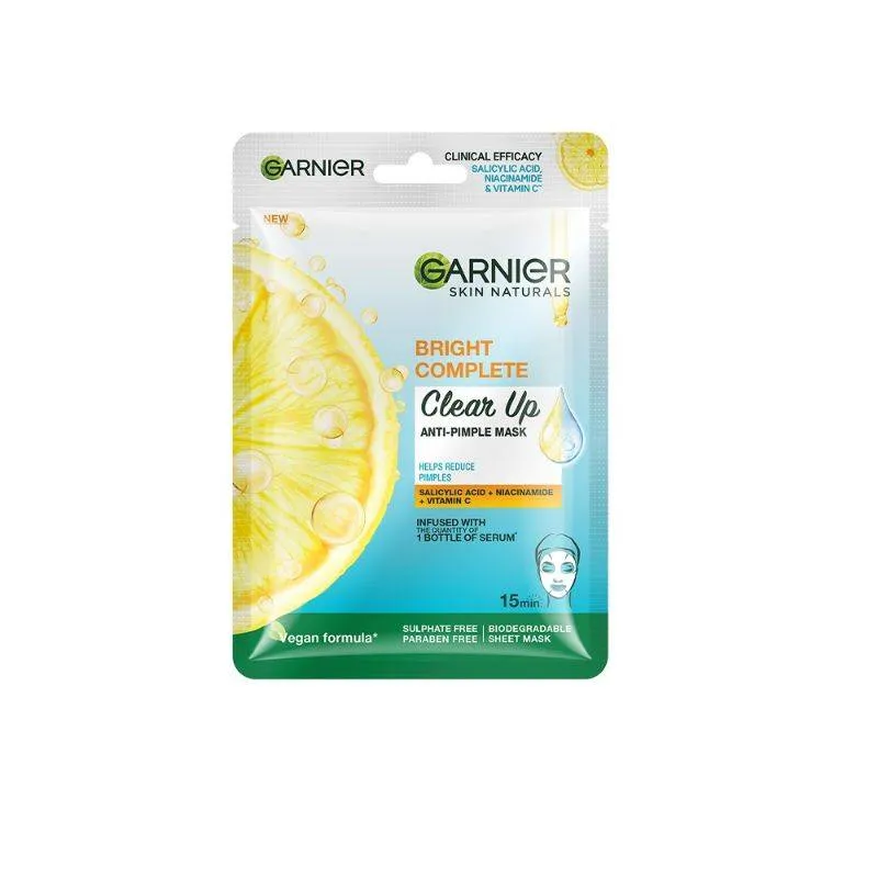 Garnier Bright Complete Anti Pimple Sheet Mask With Salicylic Acid, Niacinamide & Vitamin C Serum