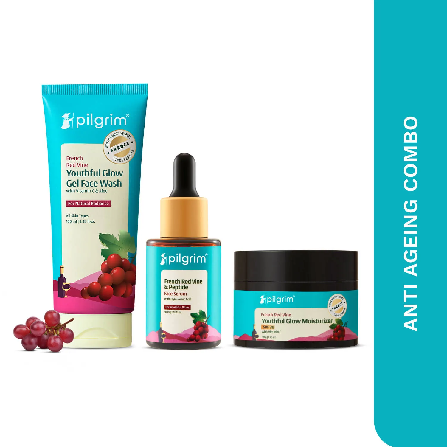 Pilgrim Red Vine Anti-Ageing Combo Face Wash, Serum & SPF 30 Cream