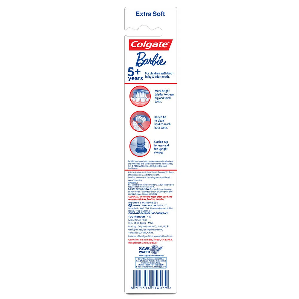 Colgate Kids Barbie Toothbrush- Extra Soft with Tongue Cleaner - 5 + Years