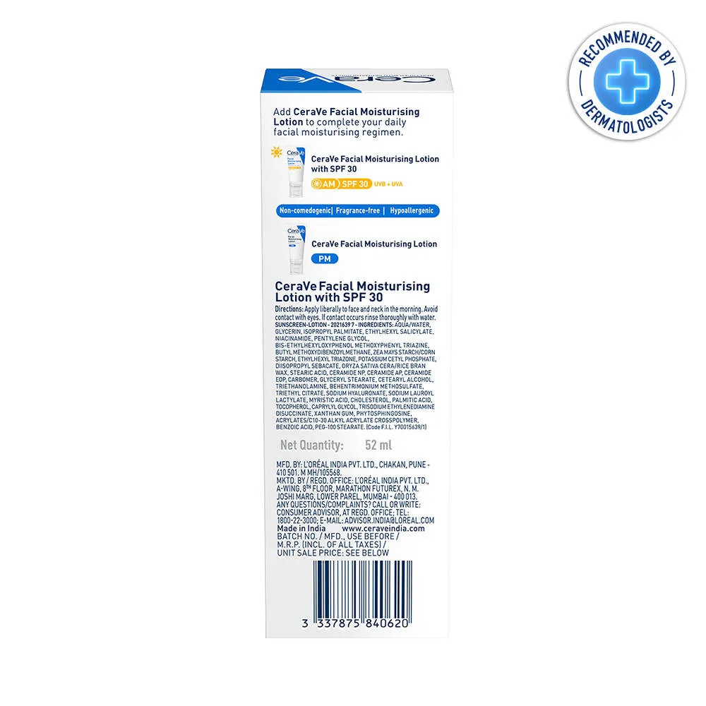 CeraVe AM Facial Moisturizing Lotion With Sunscreen SPF 30 UVB + UVA, Dermatologist