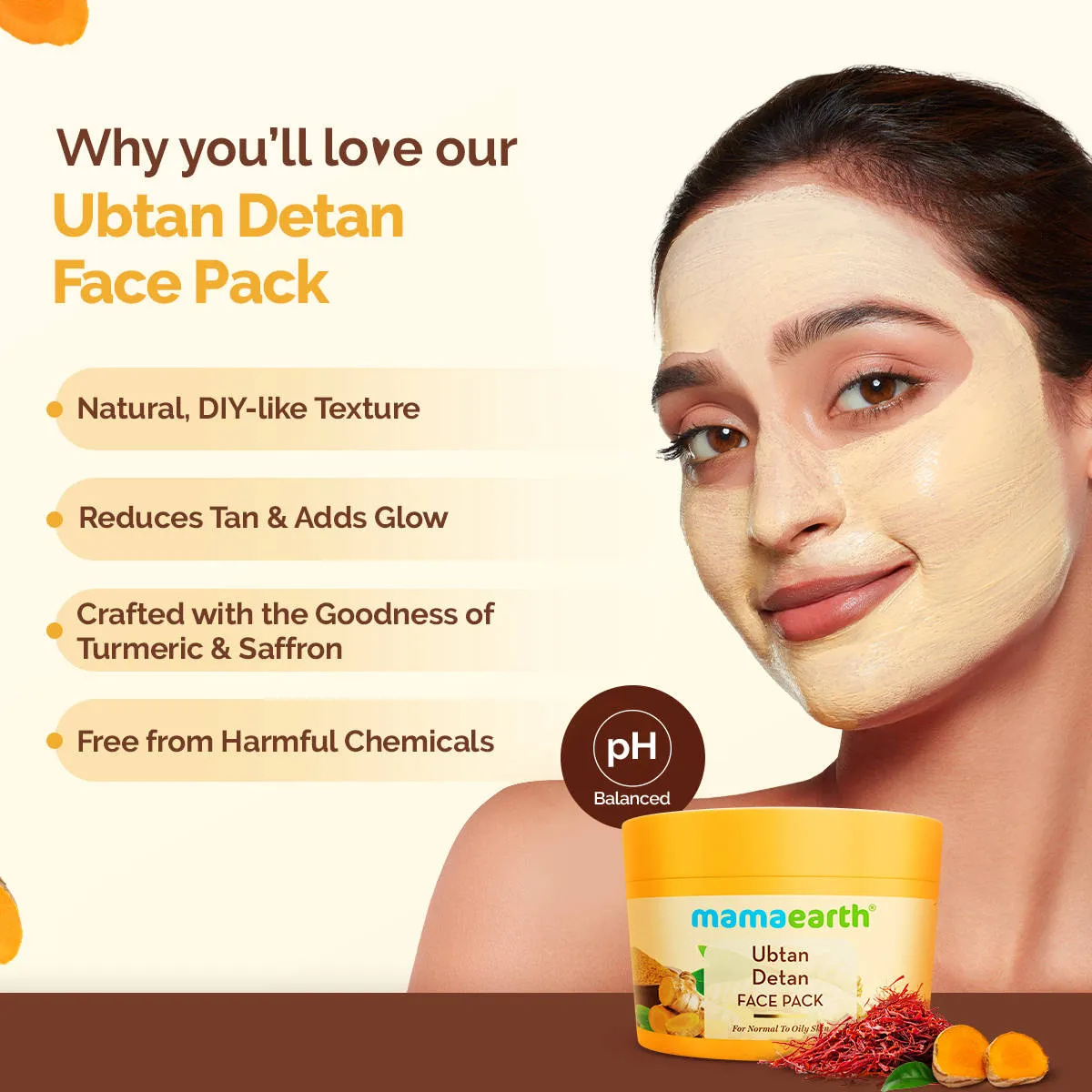 Mamaearth Ubtan Detan Face Pack Reduces Tan, Adds Glow, with Saffron & Turmeric for Radiant Skin