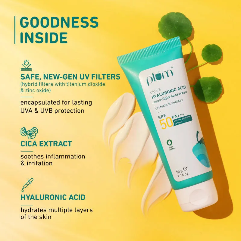 Plum Cica & Hyaluronic Aqua-Light Sunscreen With SPF 50 PA+++ (Pack Of 2)