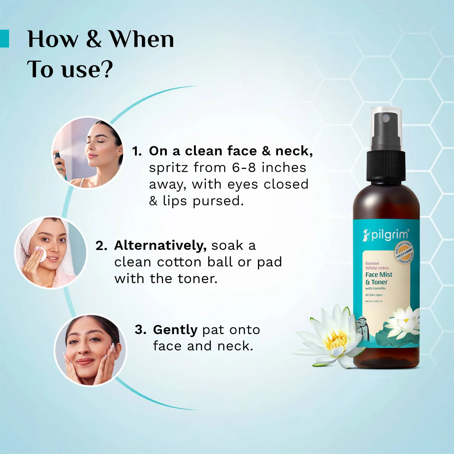 Pilgrim Korean White Lotus Face Mist & Toner With Camellia- Hydrates, Refreshes & Tightens Pores