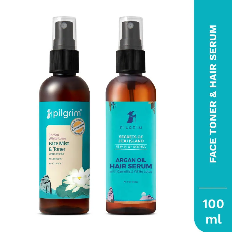 Pilgrim White Lotus Toner + Argan Oil Hair Serum Combo - Hydrates Skin & Smoothens Hair