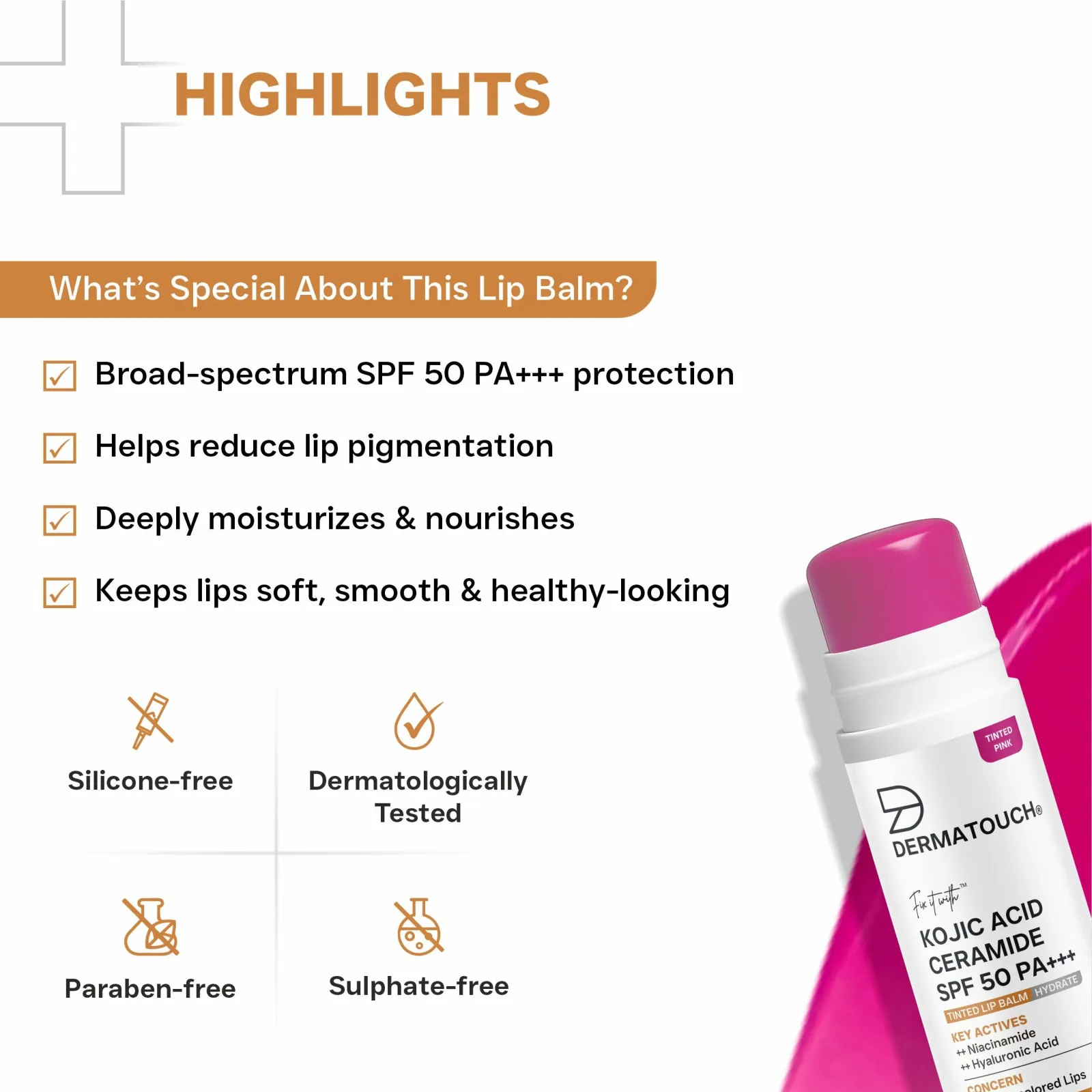 Dermatouch Kojic Acid Ceramide SPF 50 PA+++ Lip Balm for Dry & Discolored Lips