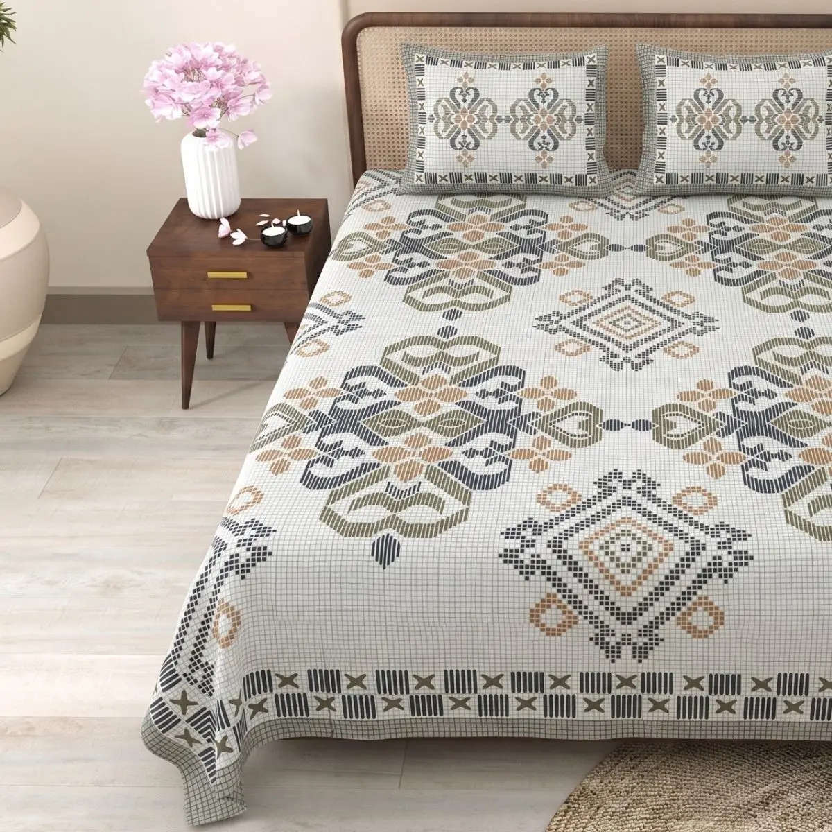 Pure Cotton Jaipuri King Bedsheet (geometric Print)