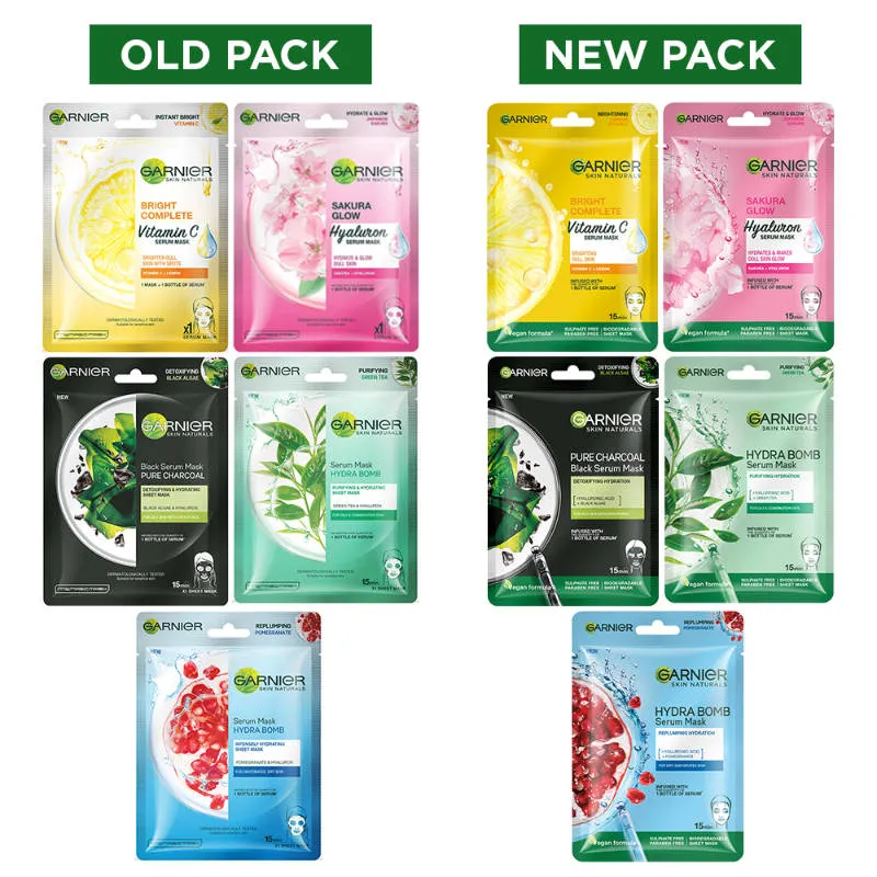 Garnier Face Serum Sheet Mask Pack of 5 (Vit C + Hydra Bomb + Sakura + Hydra Bomb Blue + Charcoal)