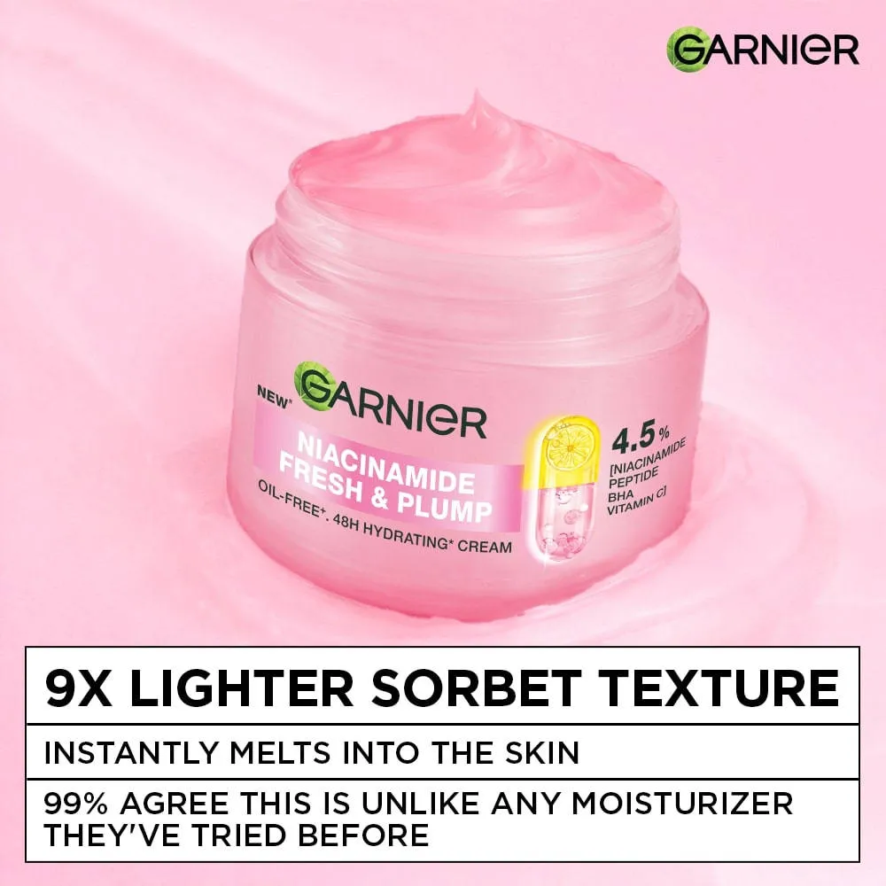 Garnier Fresh & Plump Niacinamide Sorbet Moisturizer, 4.5% Niacinamide Peptide BHA Vitamin C
