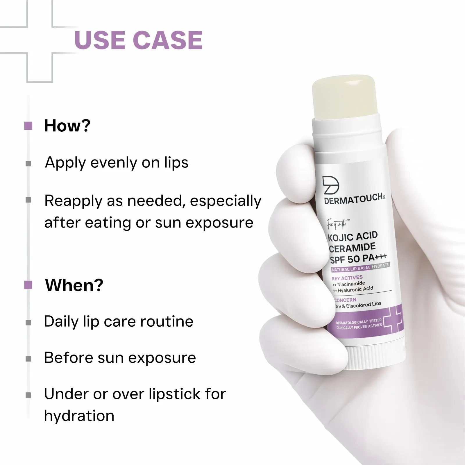 Dermatouch Kojic Acid Ceramide SPF 50 PA+++ Natural Lip Balm for Dry & Discolored Lips 5g