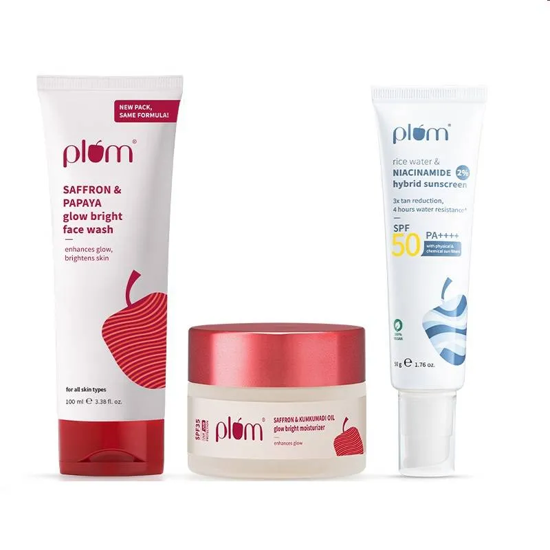 Plum CSM Combo - Saffron Face Wash, Saffron Moisturizer and Niacinamide and Rice Water SPF Sunscreen