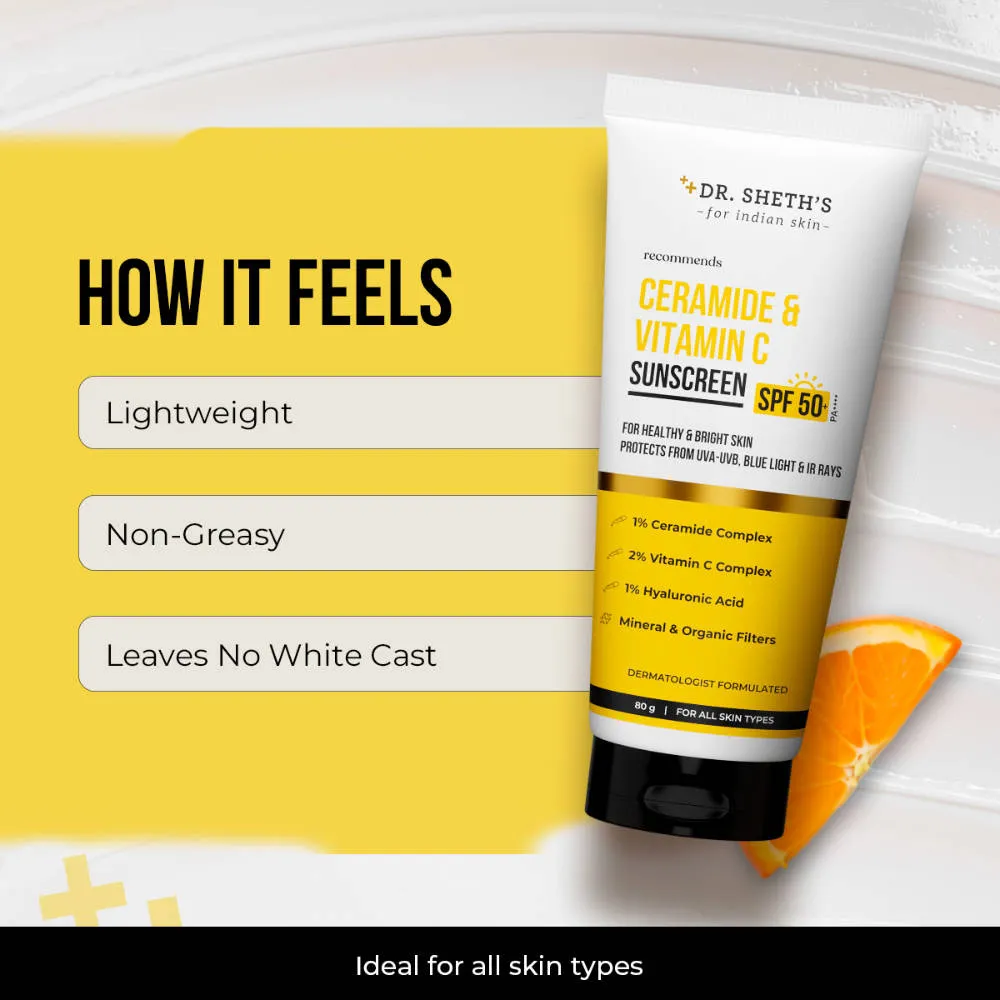 Dr. Sheth's Ceramide & Vitamin C Sunscreen SPF 50+ PA++++ In-Vivo Tested for Bright Skin