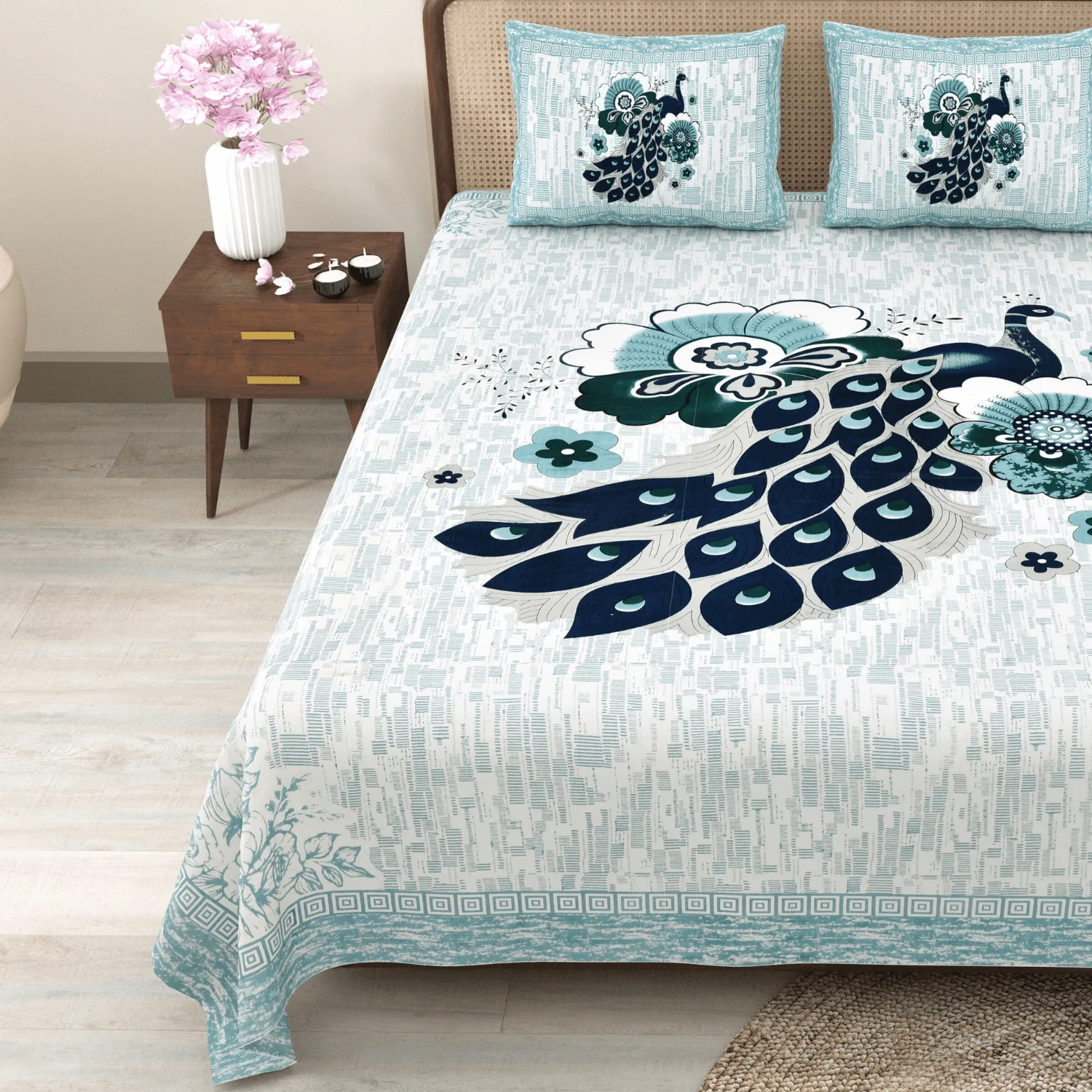 Pure Cotton Jaipuri King Bedsheet (Peacock Printed)