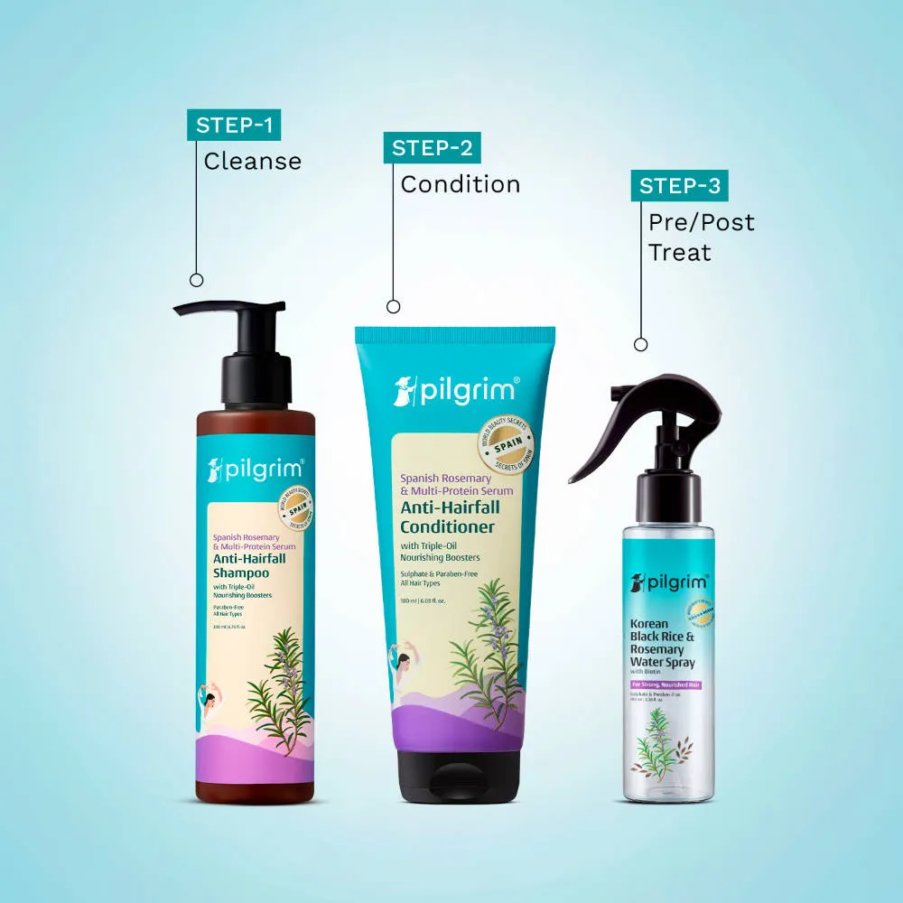 Pilgrim Anti Hair fall Trio Range Spanish rosemary water, Shampoo & Condtioner
