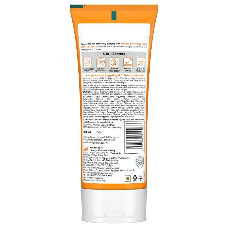 Himalaya Sun Protect+ Ultra Light Sunscreen SPF 50 PA++++ Sweat Resistant,100% No White Cast
