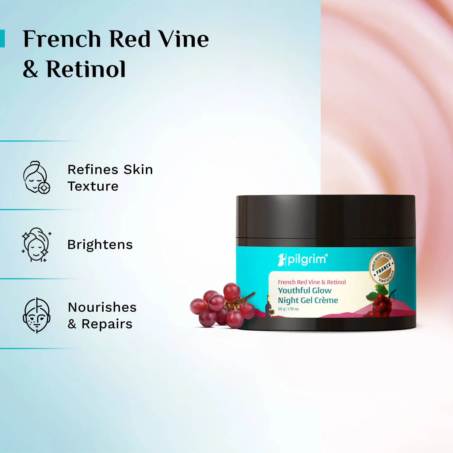 Pilgrim French Red Vine & Retinol Youthful Glow Anti-Ageing Night Gel Creme Refine Skin Texture