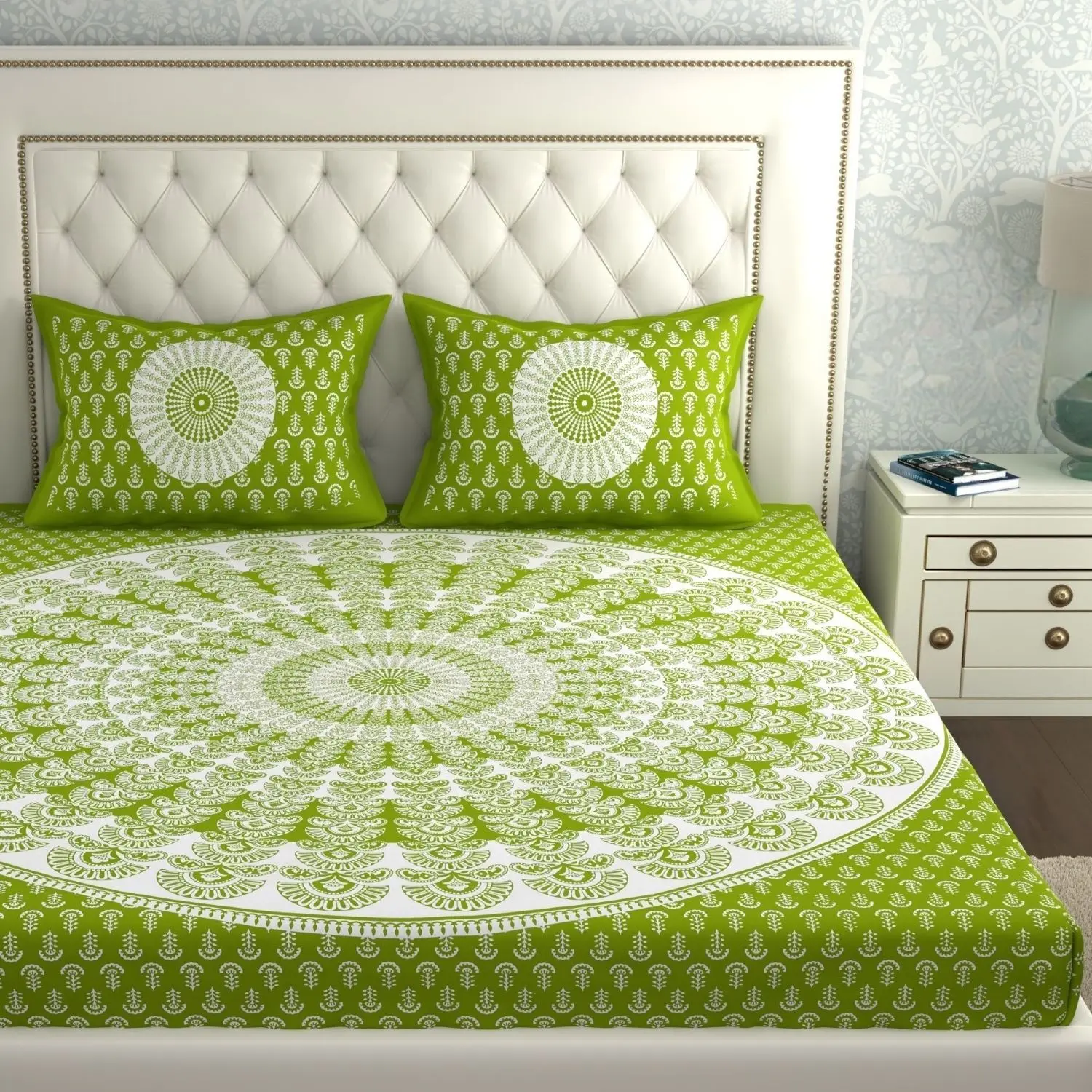 Pure Cotton Jaipuri Bedsheet (Mehendi, Mandola Printed)