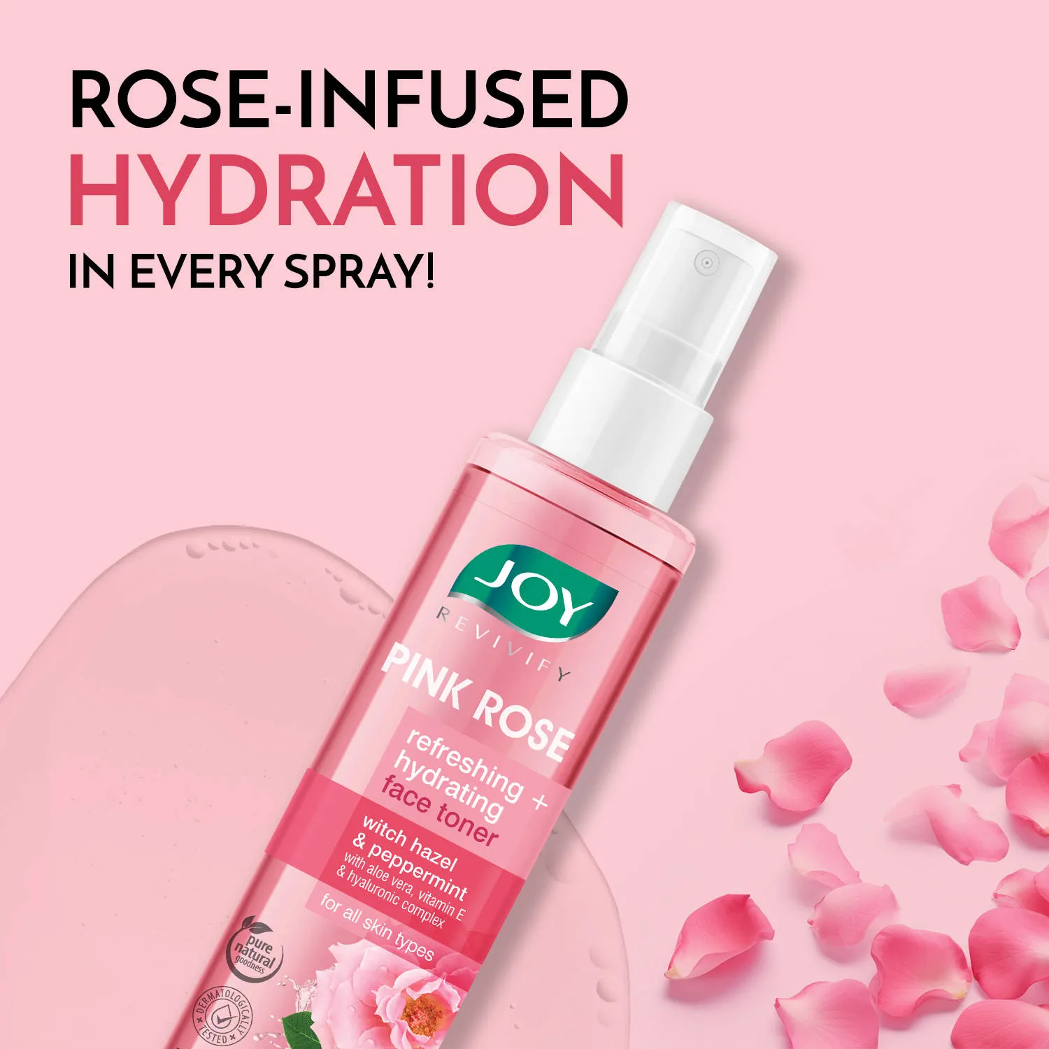 Joy Pink Rose refreshing Hydrating Face Toner With Hazel & PepperMint For Hydrating Skin pH Balanced, Alcohol Free & For All Skin Types