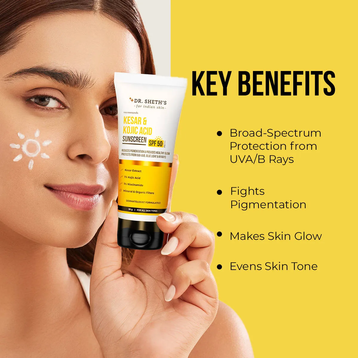 Dr. Sheth's Kesar & Kojic Sunscreen SPF 50+ PA++++ In-Vivo Tested for Pigmentation-Free Skin(50g)