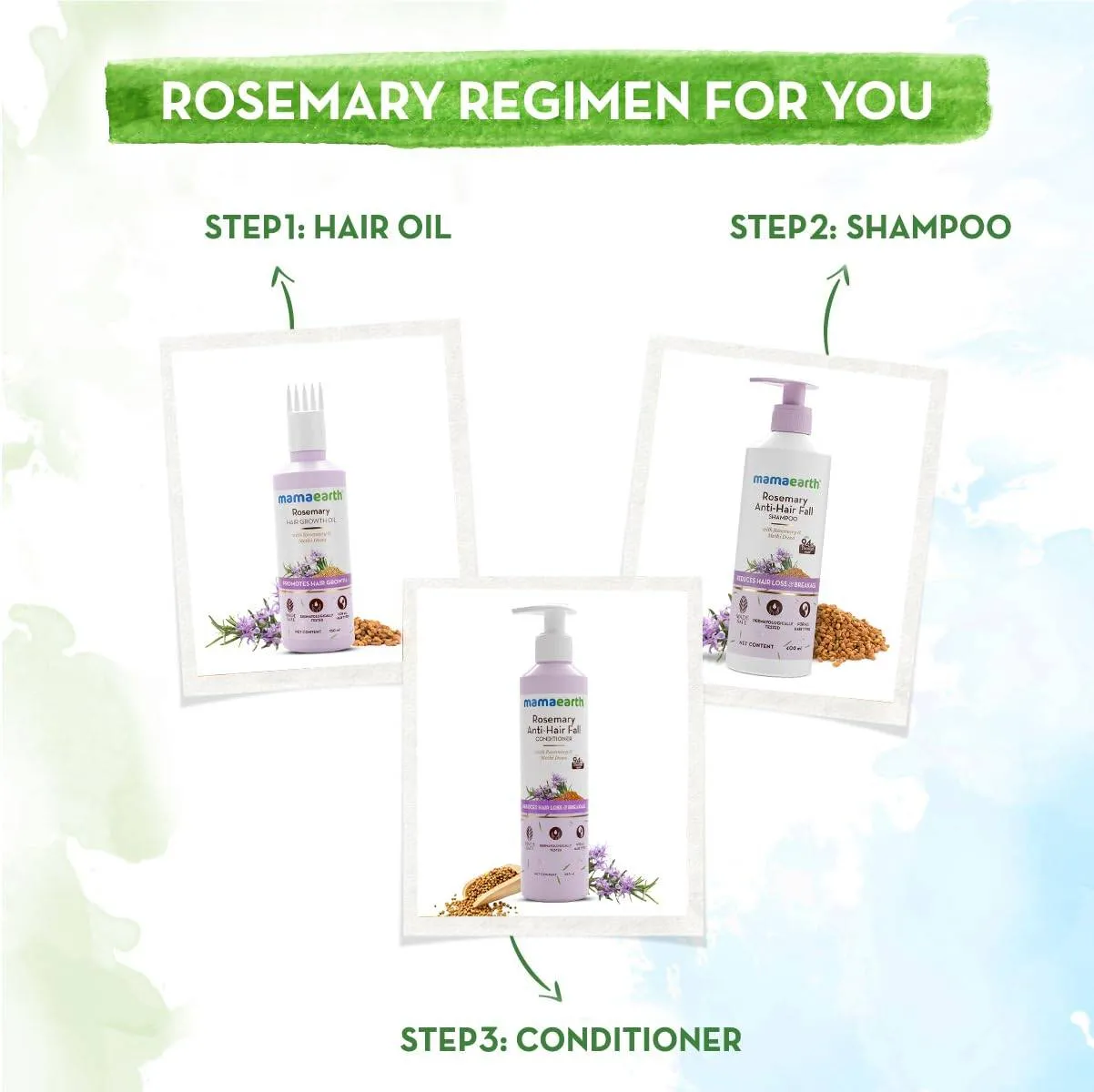 Mamaearth Rosemary Hair Care Combo Anti-Hair Fall Shampoo, Conditioner & Spray for Stronger Hair