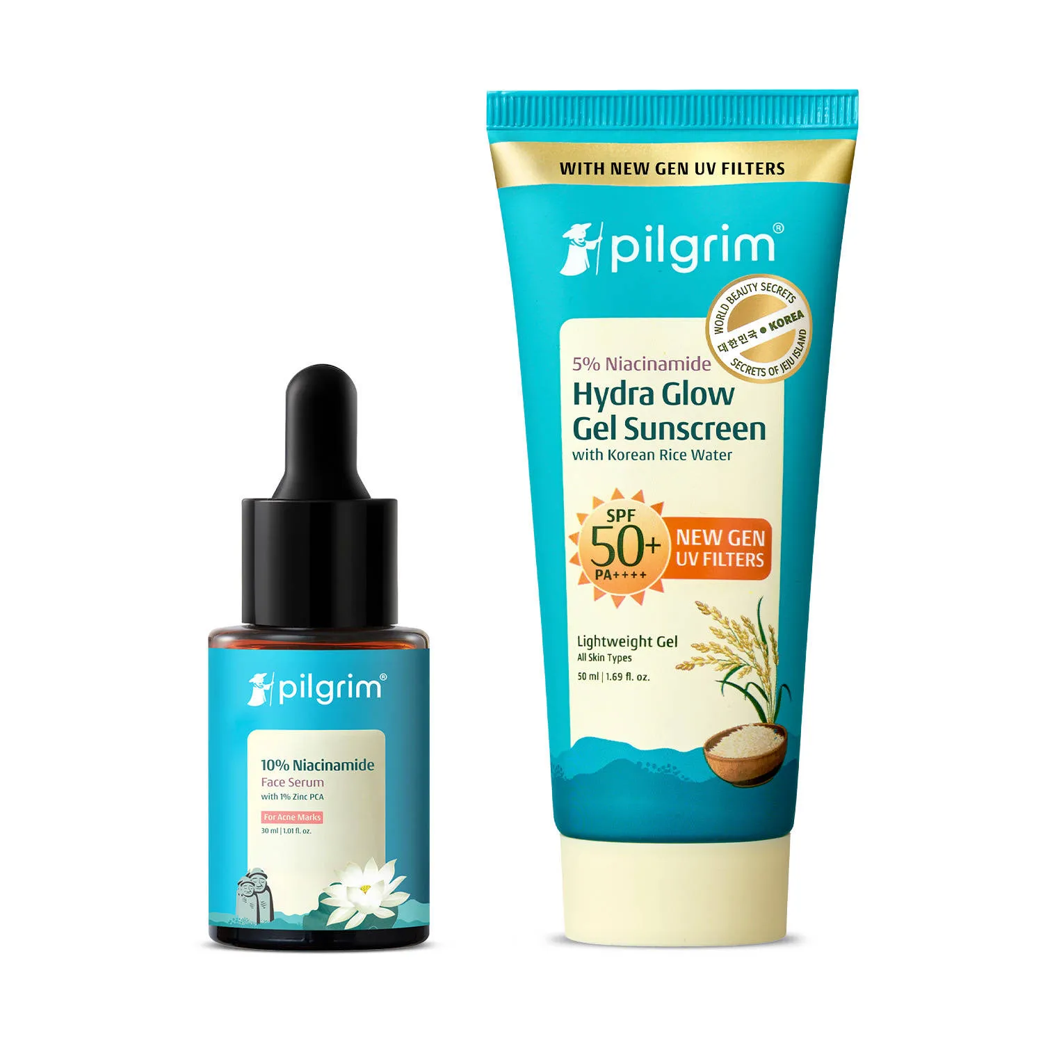 Pilgrim 10% Niacinamide Face Serum & Hydra Glow SPF 50+ PA++++ Gel Sunscreen Duo For Glass Skin Glow