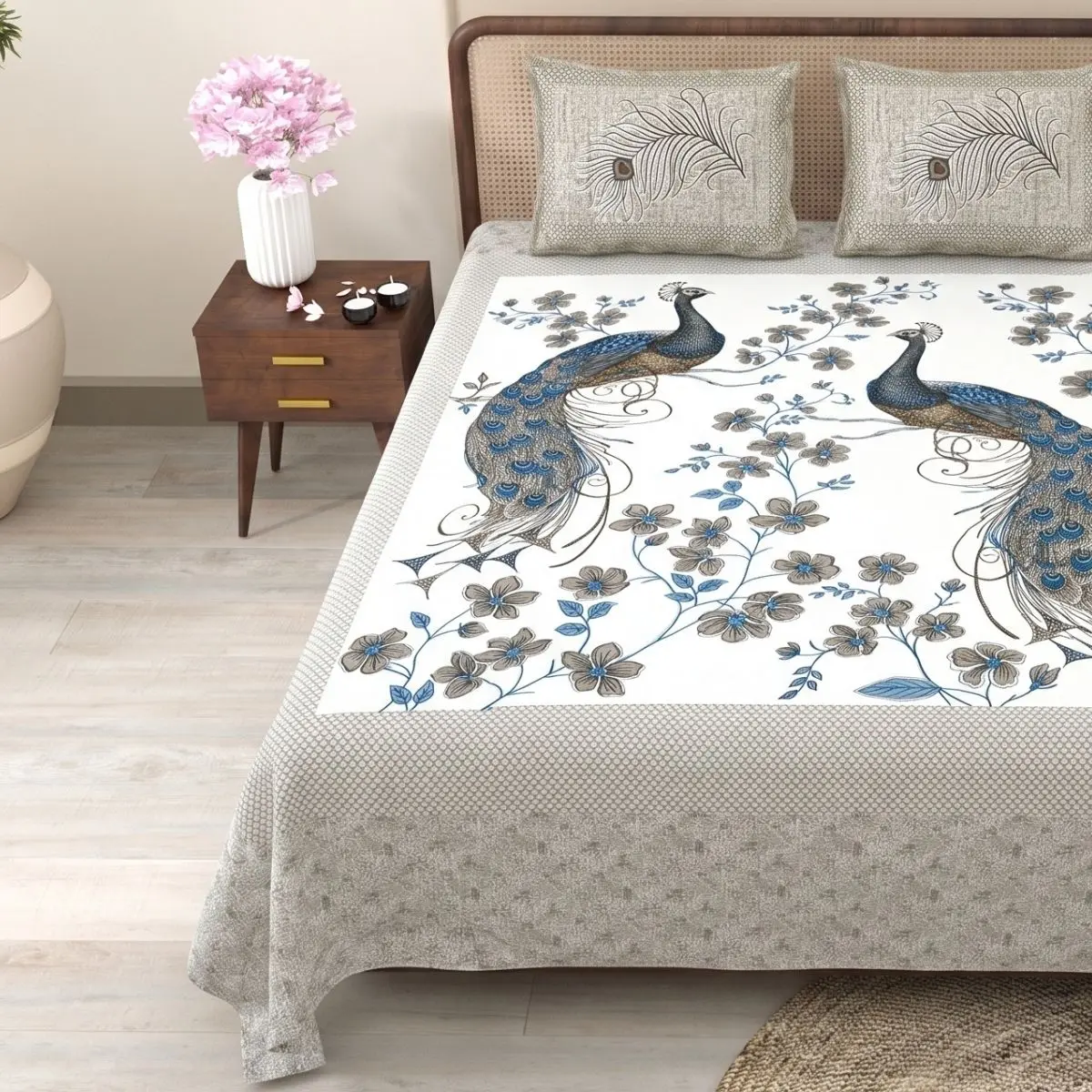 Pure Cotton Jaipuri King Bedsheet (Peacock Printed)