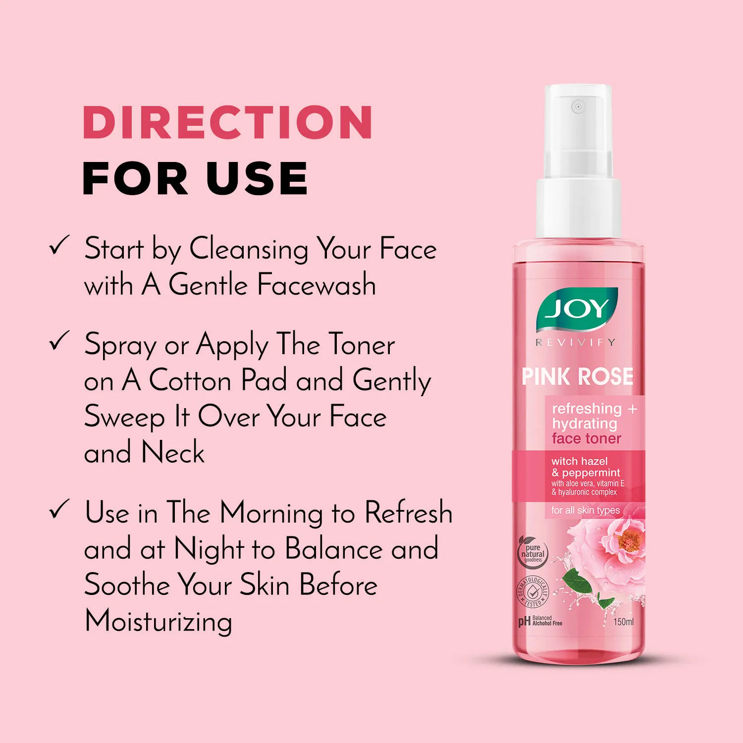 Joy Pink Rose refreshing Hydrating Face Toner With Hazel & PepperMint For Hydrating Skin pH Balanced, Alcohol Free & For All Skin Types