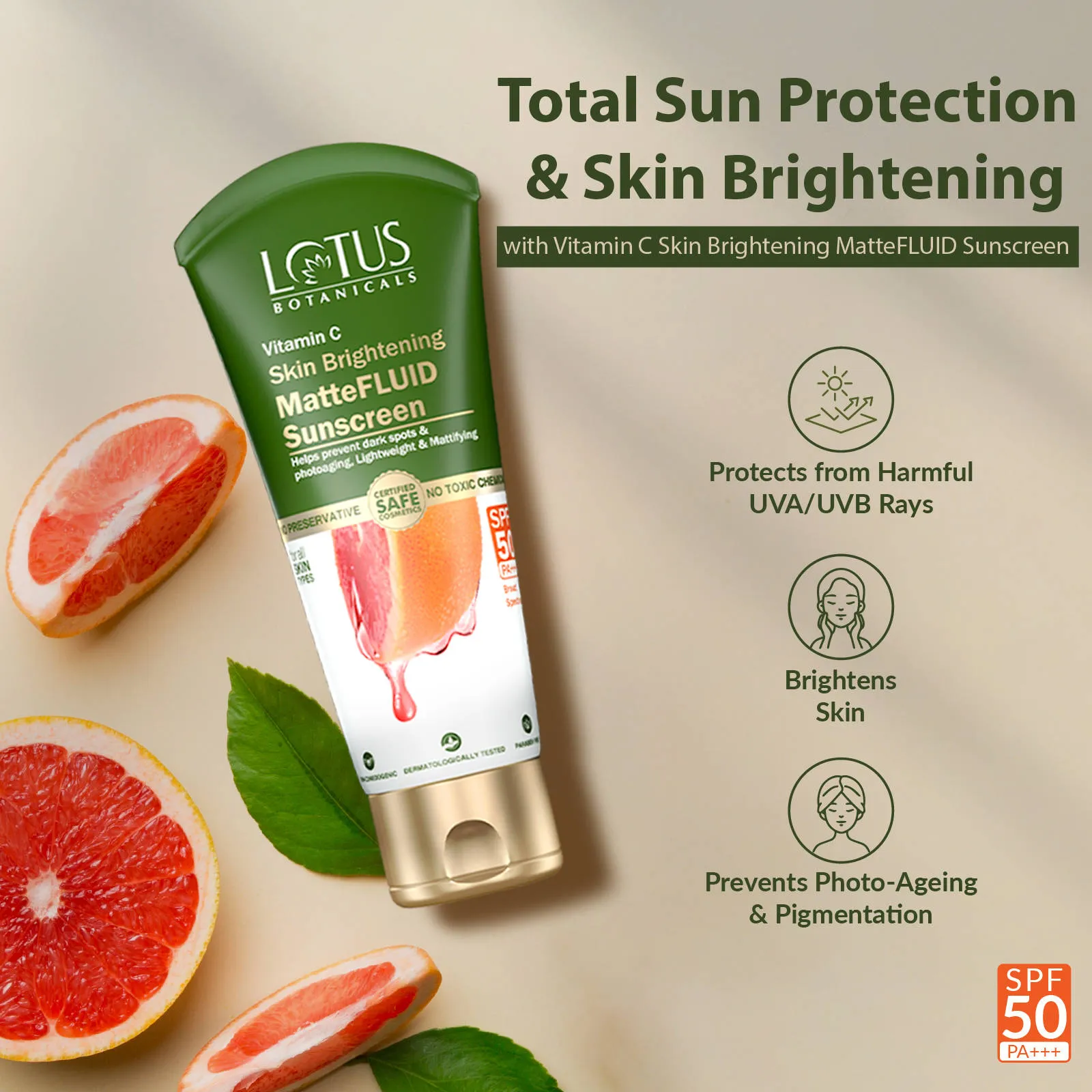 Lotus Herbals Lotus Botanicals Vitamin C Skin Brightening Mattefluid Sunscreen SPF 50 & No WhiteCast Formula