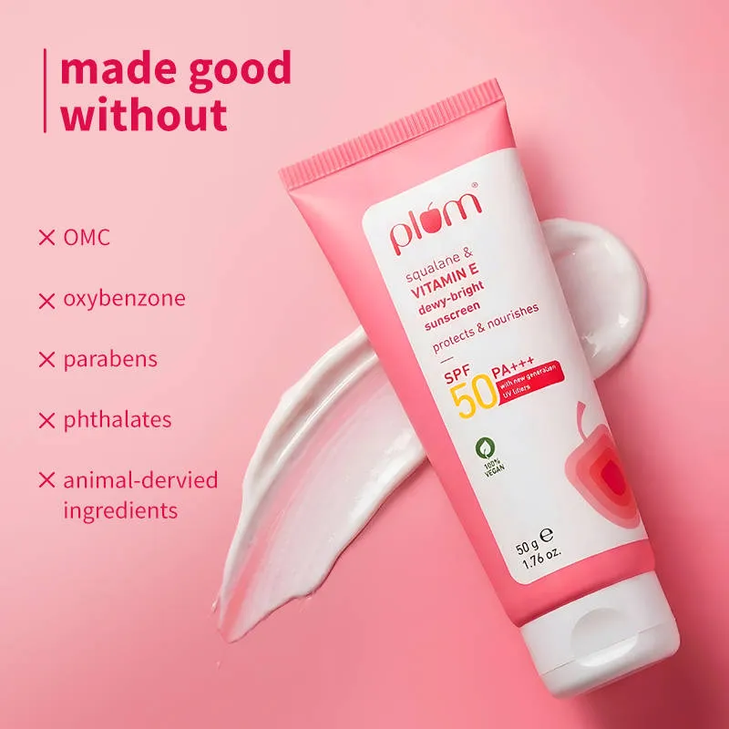 Plum Squalane & Vitamin E Dewy-Bright SPF 50 PA+++ Sunscreen For Normal To Dry Skin Type, New UV Filters