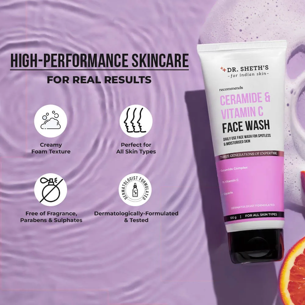 Dr. Sheth's Ceramide & Vitamin C Brightening Face Wash |Cleanses, Hydrates, Reduces Dark Spots 100ml