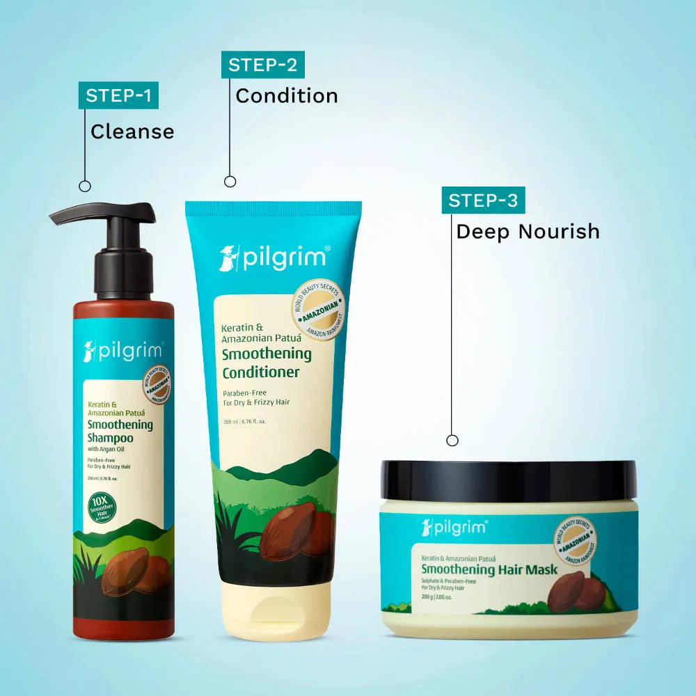 Pilgrim Patua & Keratin Smoothing Trio Combo For Silky Hair - Smoothens, Nourishes & Strengthens
