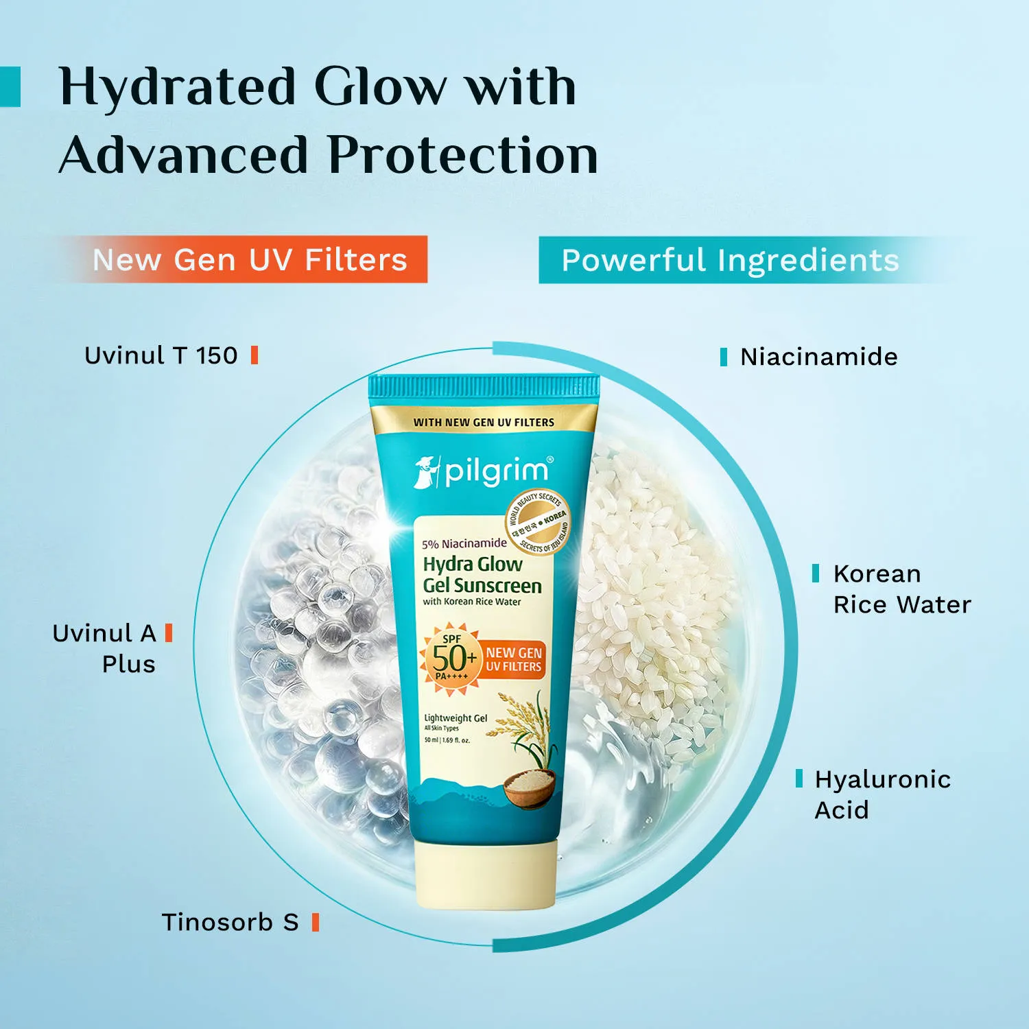 Pilgrim Korean Rice water Hydra Glow Gel Moisturizer and SPF 50+ PA++++ Gel Sunscreen Duo